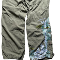 Maharishi Khaki Green Wave and Trees Embroidered Parachute Baggy Cargo Trousers (32W)