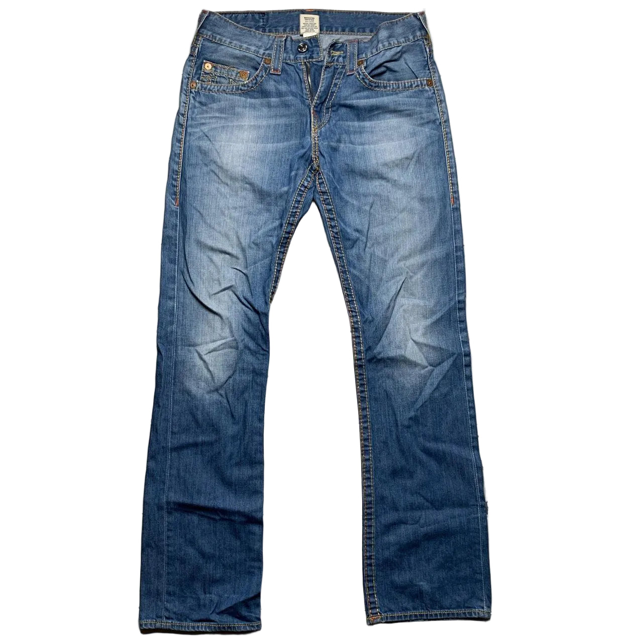 True Religion Straight Baggy Big Yellow and Orange Stitch Blue Jeans (31W)
