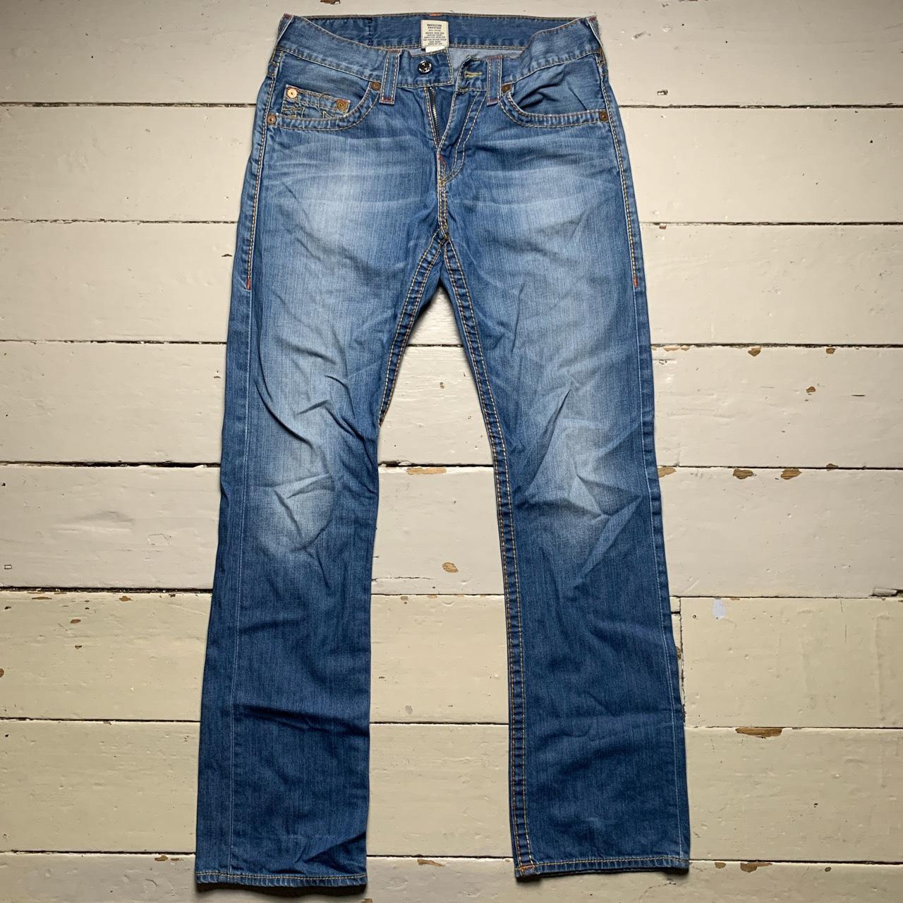 True Religion Straight Baggy Big Yellow and Orange Stitch Blue Jeans