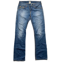 True Religion Straight Baggy Big Yellow and Orange Stitch Blue Jeans (31W)