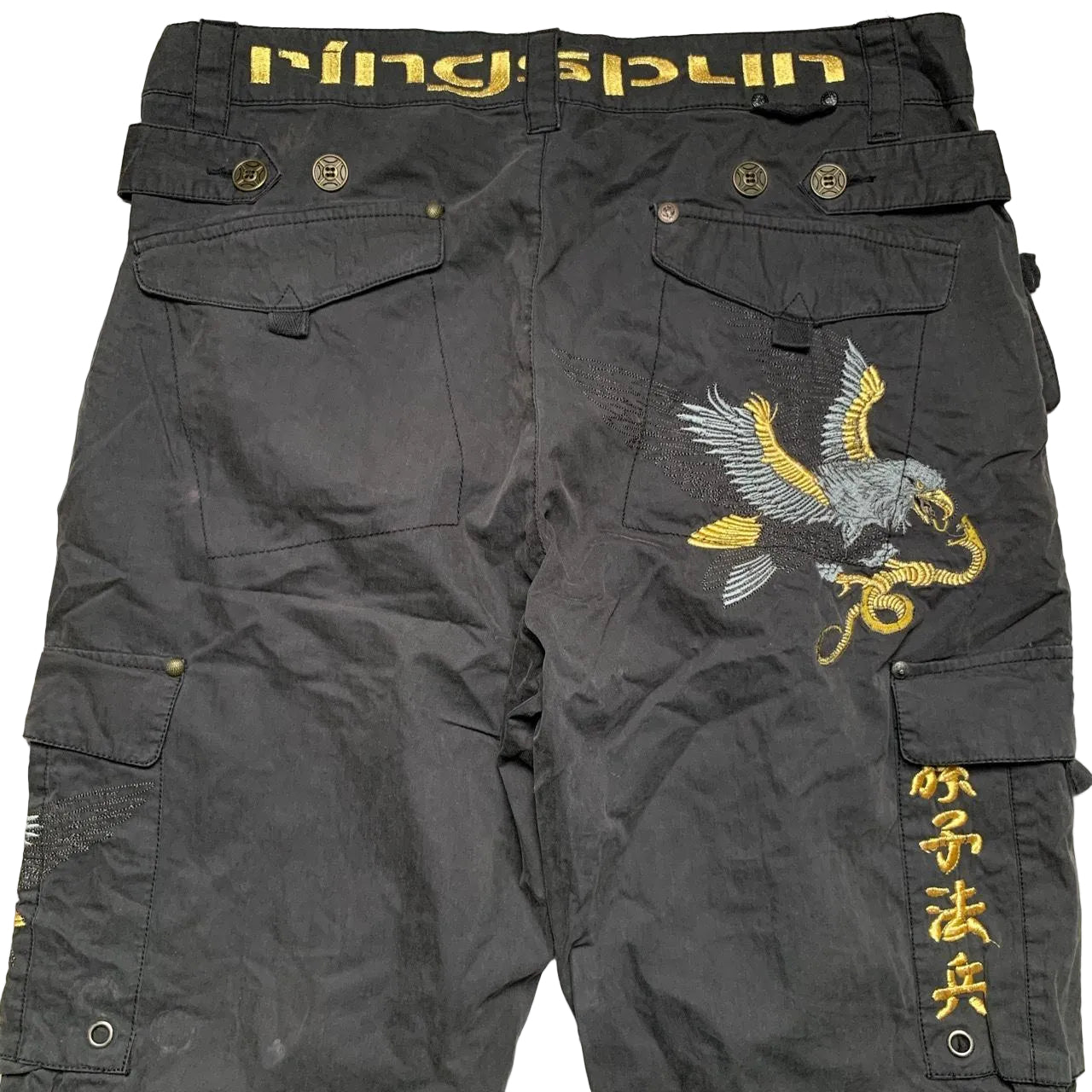 Ringspun Vintage Eagle Snake Japanese Embroidery Cargo Parachute Baggy Trousers (W36)