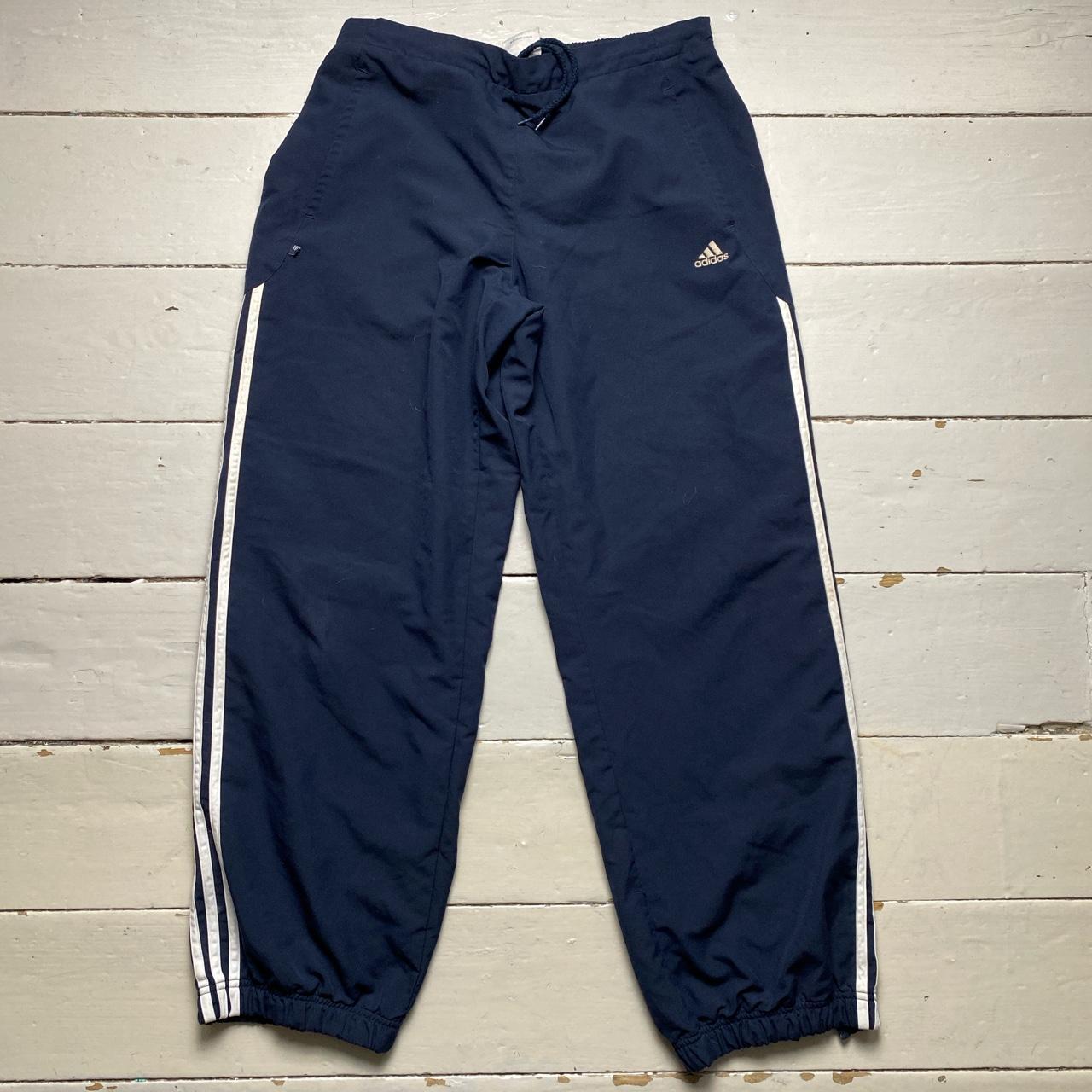 Adidas Navy and White Baggy Shell Track Pant Bottoms