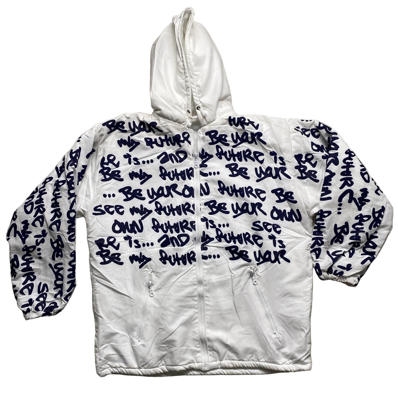Vintage y2k B-Side Graffiti White and Navy Puffer Jacket (S)
