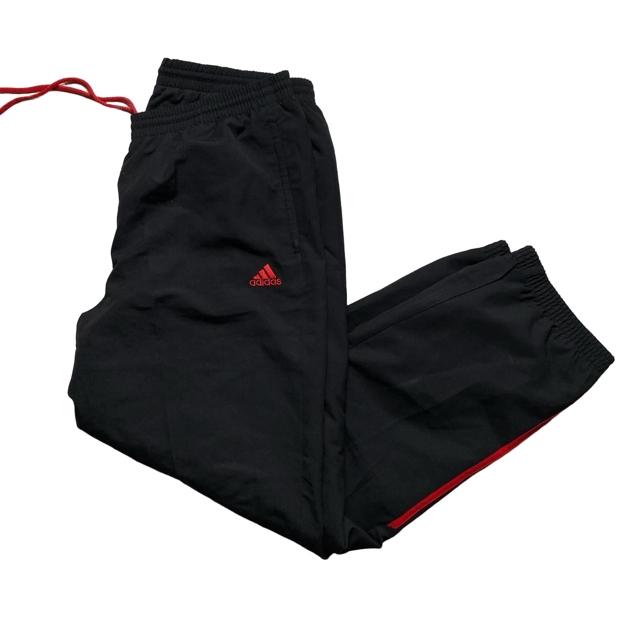 Adidas Black and Red Stripe Baggy Shell Trackpant Bottoms (XL)
