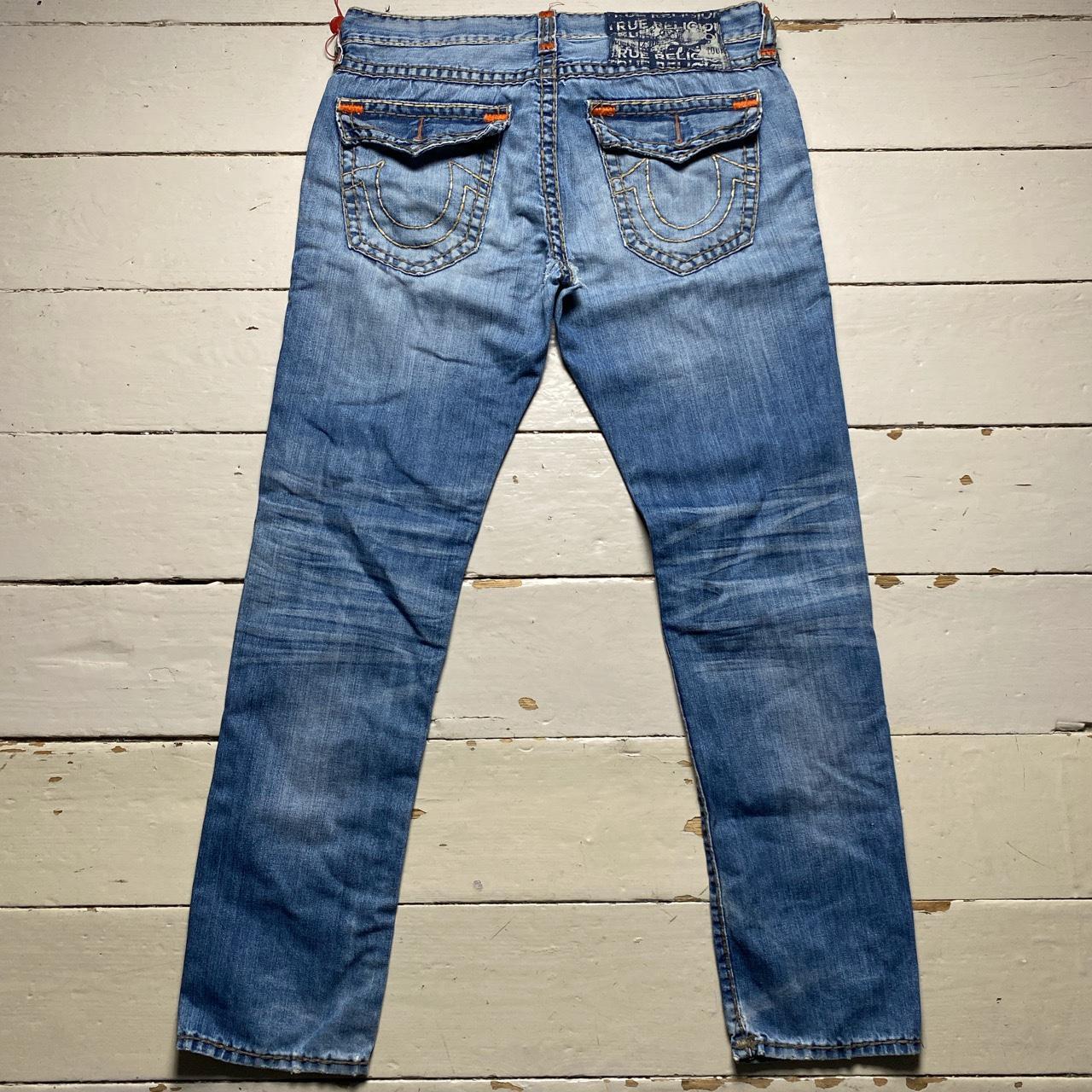 True Religion Rocco Light Blue Big Yellow and Orange Stitch Baggy Jeans