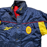 Liverpool 1990’s 97/98 Carlsberg Reebok Vintage Navy Yellow and Red Puffer Bench Jacket (XS)