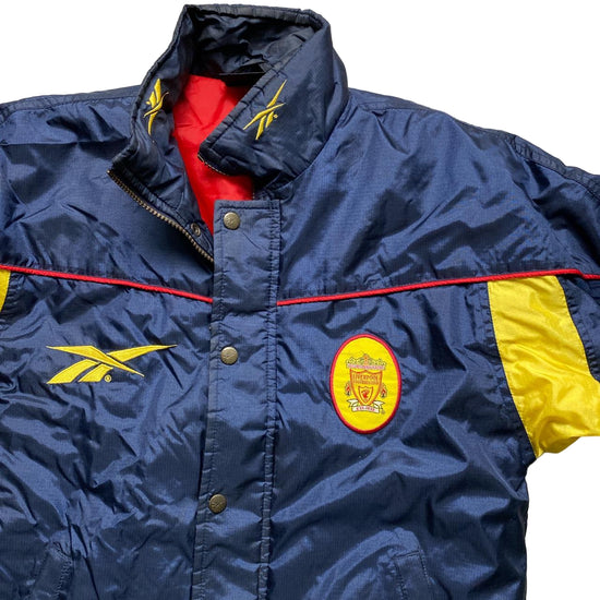 Liverpool 1990’s 97/98 Carlsberg Reebok Vintage Navy Yellow and Red Puffer Bench Jacket (XS)