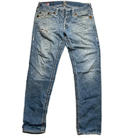 True Religion Geno Super T Distressed Jeans Light Blue and Big White Stitch (34W)