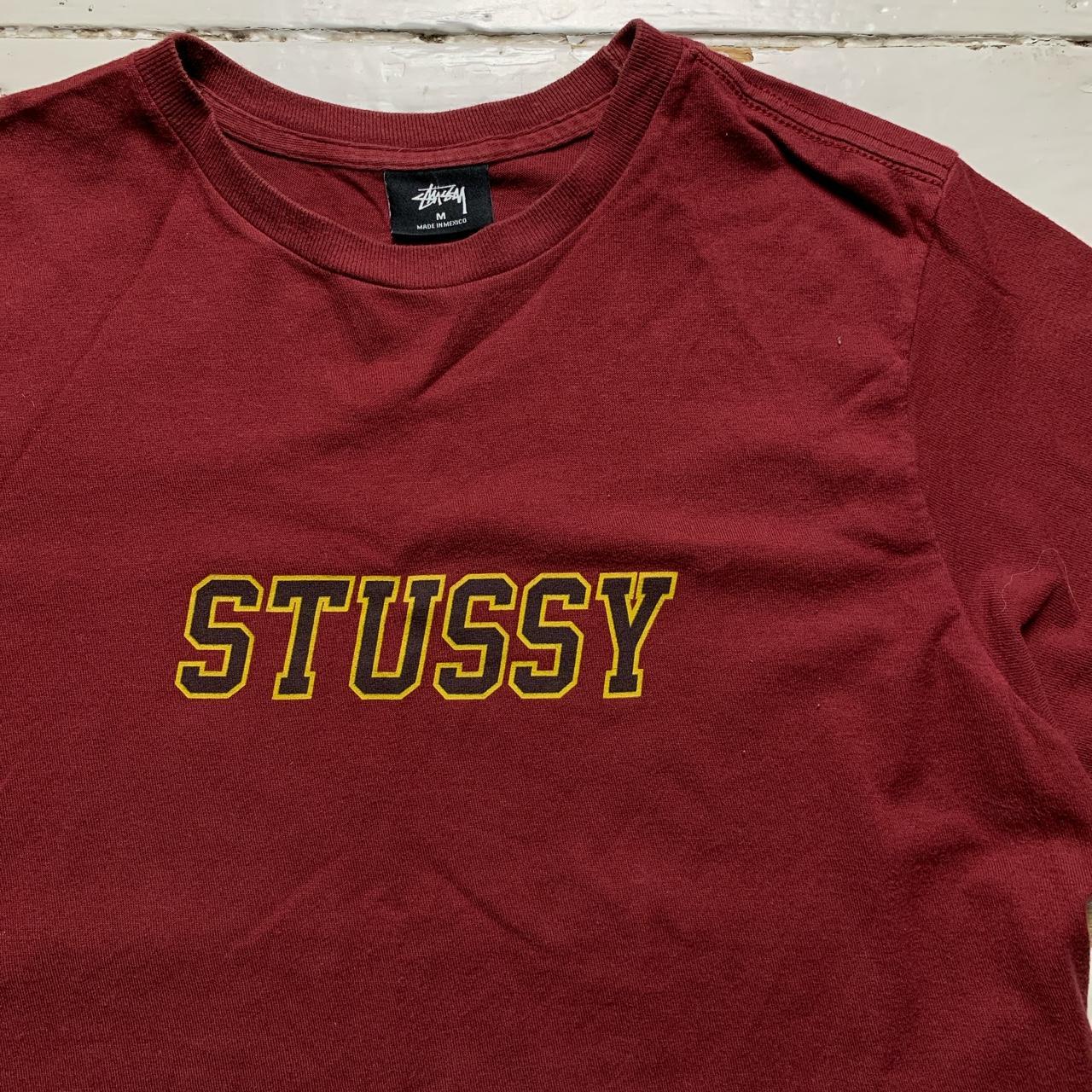 Stussy Burgundy and Yellow Spellout T Shirt