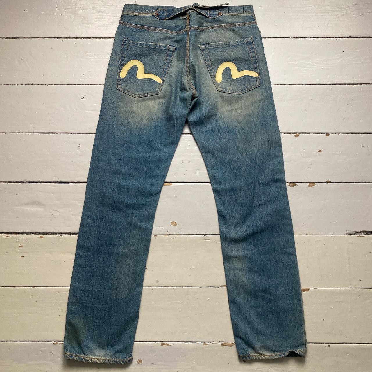 Evisu EU ED Vintage Cream White Daicock Swoosh Light Blue Jeans