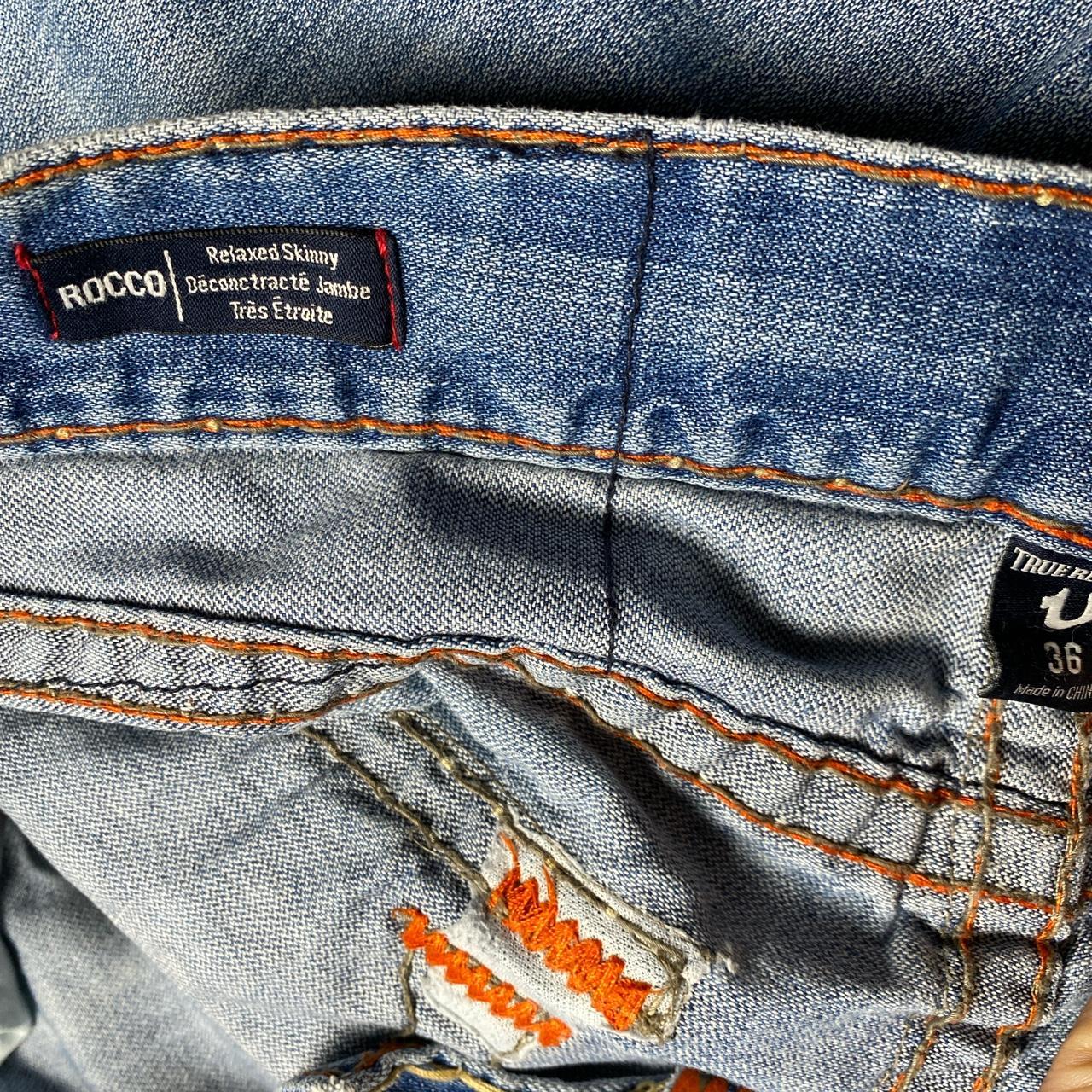 True Religion Rocco Light Blue Big Yellow and Orange Stitch Baggy Jeans (36W)