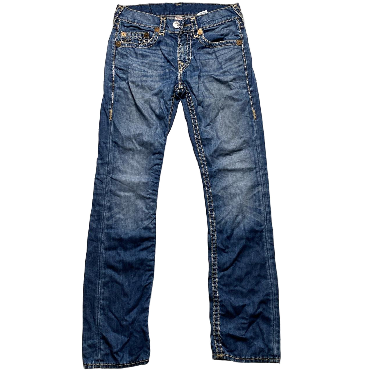 True Religion Navy and Cream Big Stitch Super T Baggy Jeans (30W)