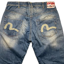 Evisu EU ED Vintage Light Blue Stonewash White Daicock Swoosh Baggy Jeans (34W)