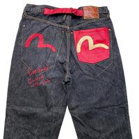 Evisu Vintage Lot 0118 Charcoal and Red White Daicock Swoosh Baggy Jeans (38W)