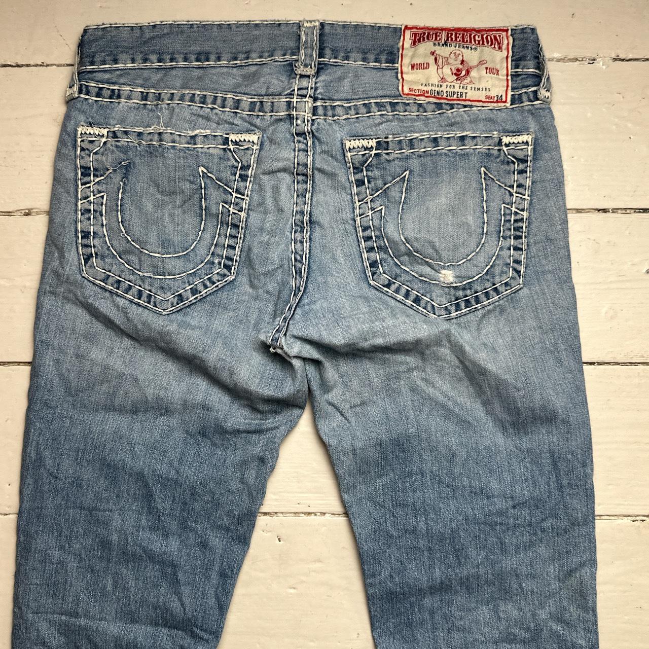 True Religion Geno Super T Distressed Jeans Light Blue and Big White Stitch