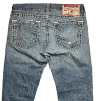 True Religion Geno Super T Distressed Jeans Light Blue and Big White Stitch (34W)