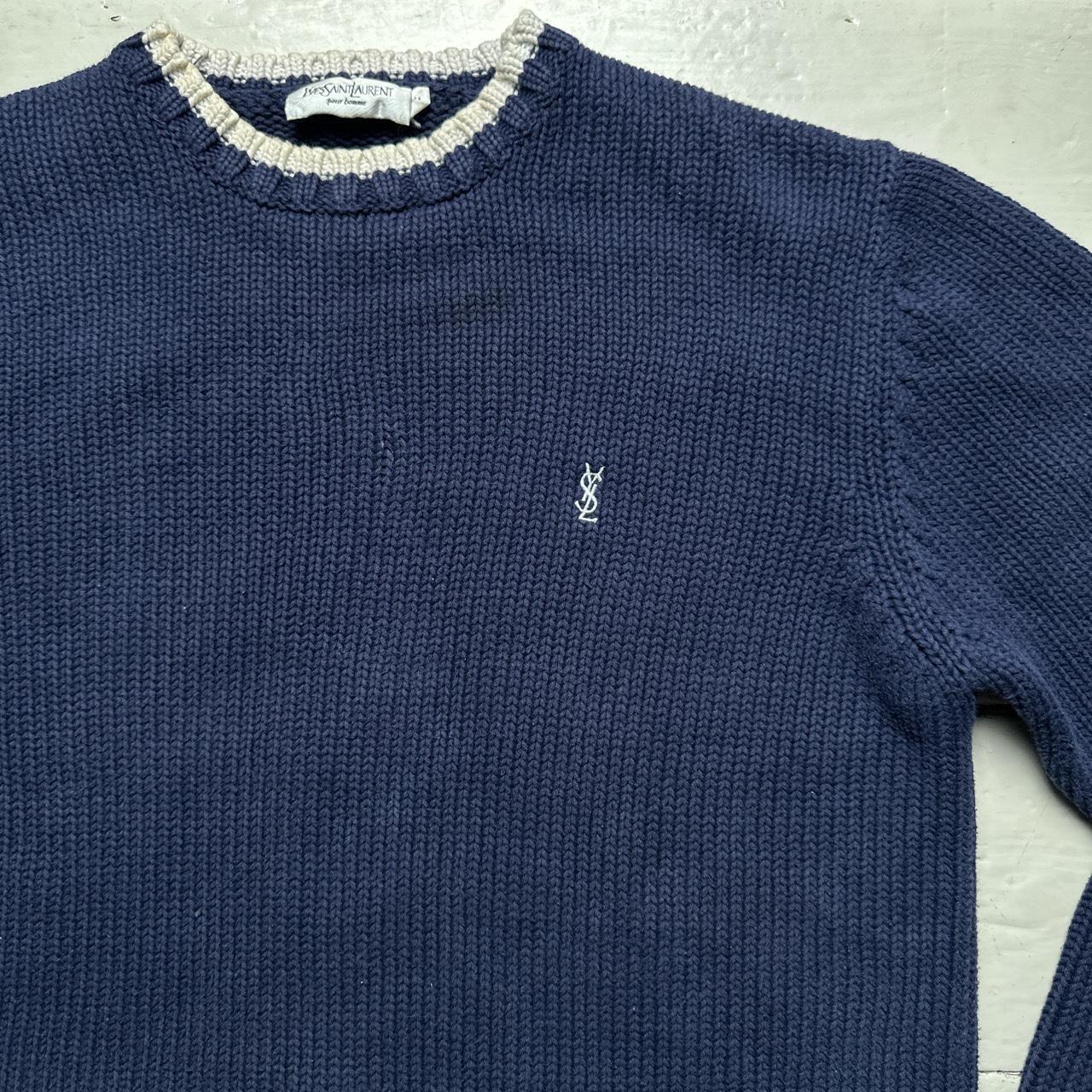 YSL Yves Saint Laurent Vintage Navy and White Cable Knit Knitted Thick Jumper