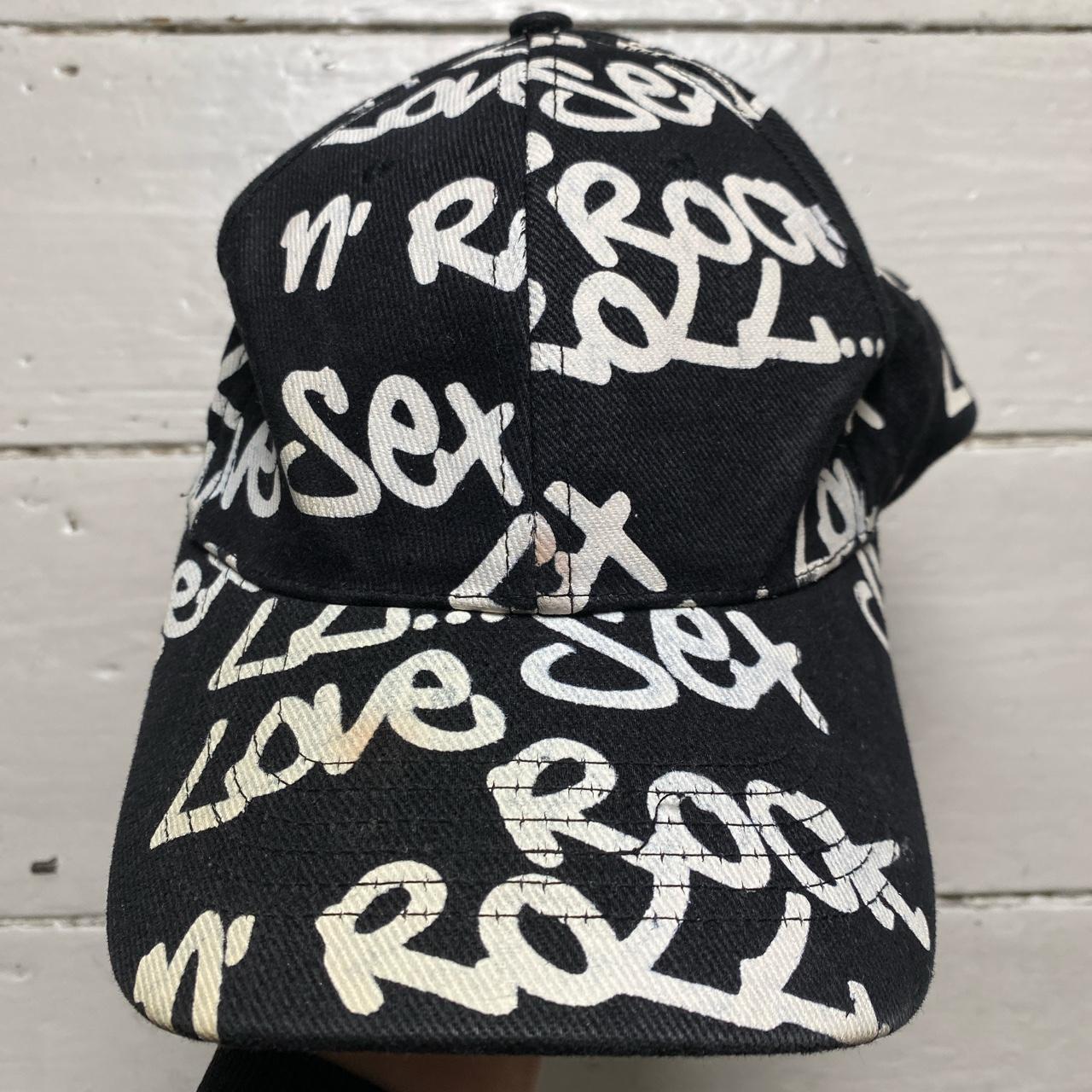 Love Sex Rock N Roll Graffiti Cap Black and White