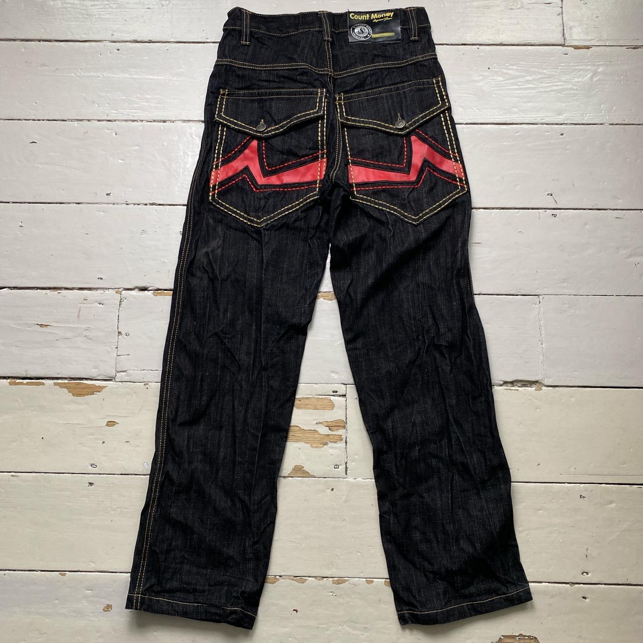 Count Money Vintage Y2K Indigo Big Gold Stitch Jeans Red Faux Leather Swoosh