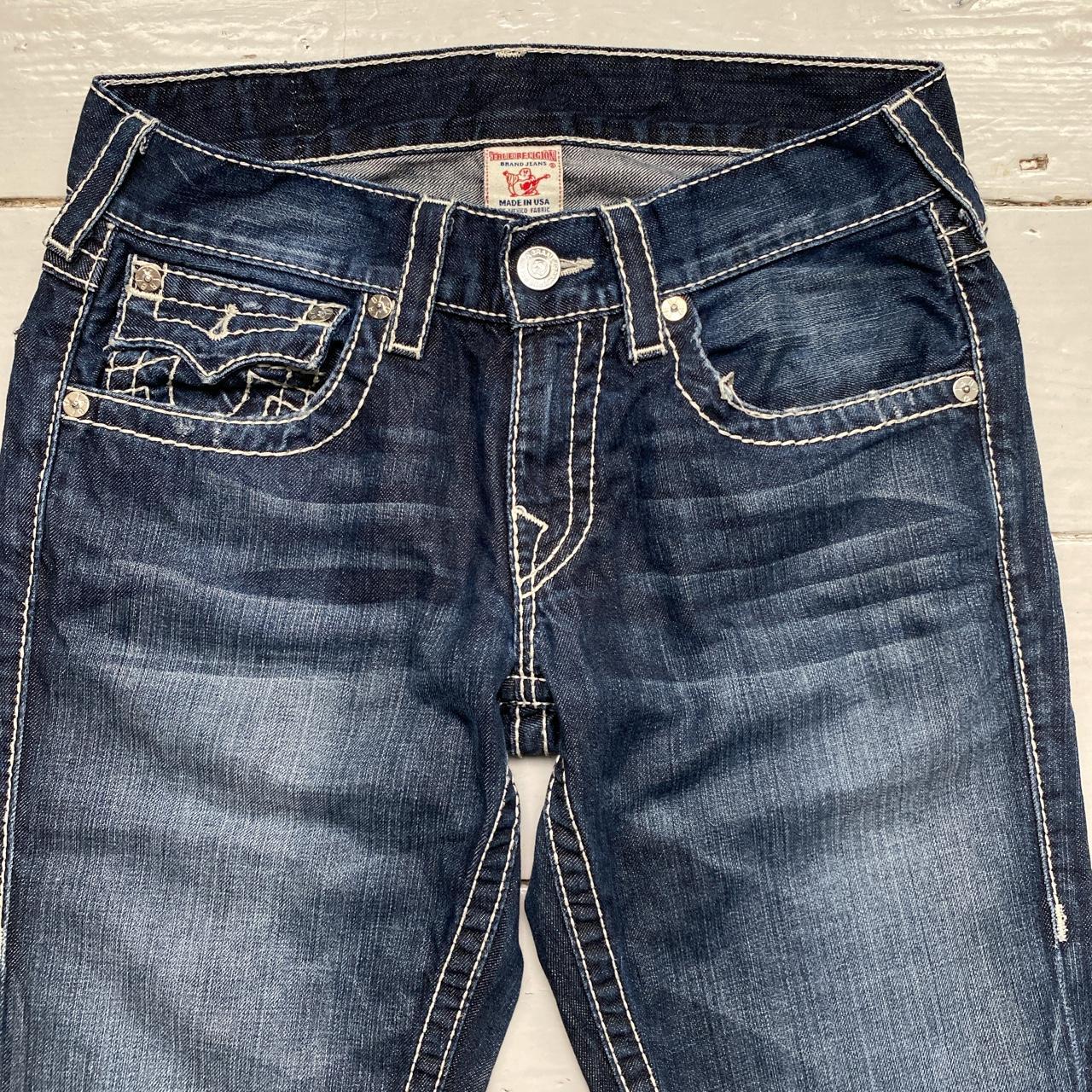 True Religion Boot Cut Baggy Navy and White Big Stitch Jeans