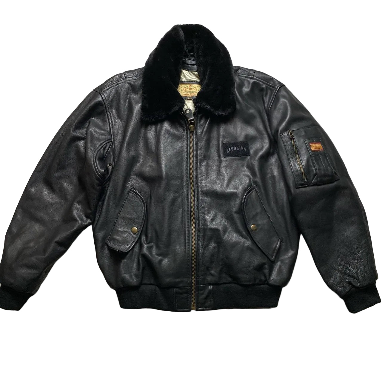 Redskins Black Leather Fur Trim Bomber Flight Jacket (L)