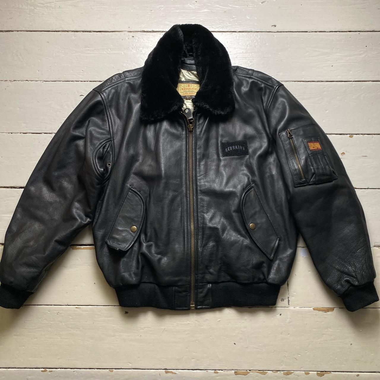 Redskins Black Leather Fur Trim Bomber Flight Jacket