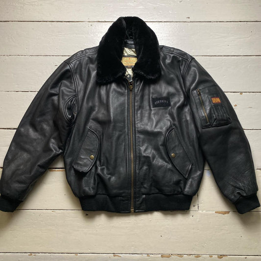 Redskins Black Leather Fur Trim Bomber Flight Jacket