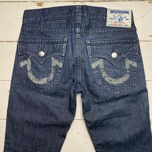 True Religion Boot Cut Navy and Black Painted Logo Jeans