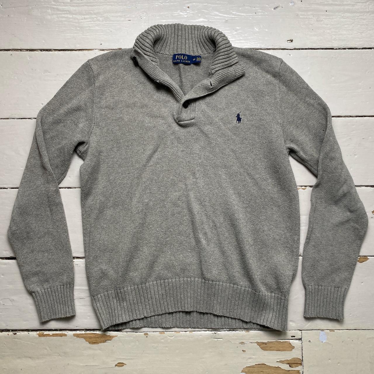 Polo Ralph Lauren Grey and Navy Button Quarter Knitted Jumper