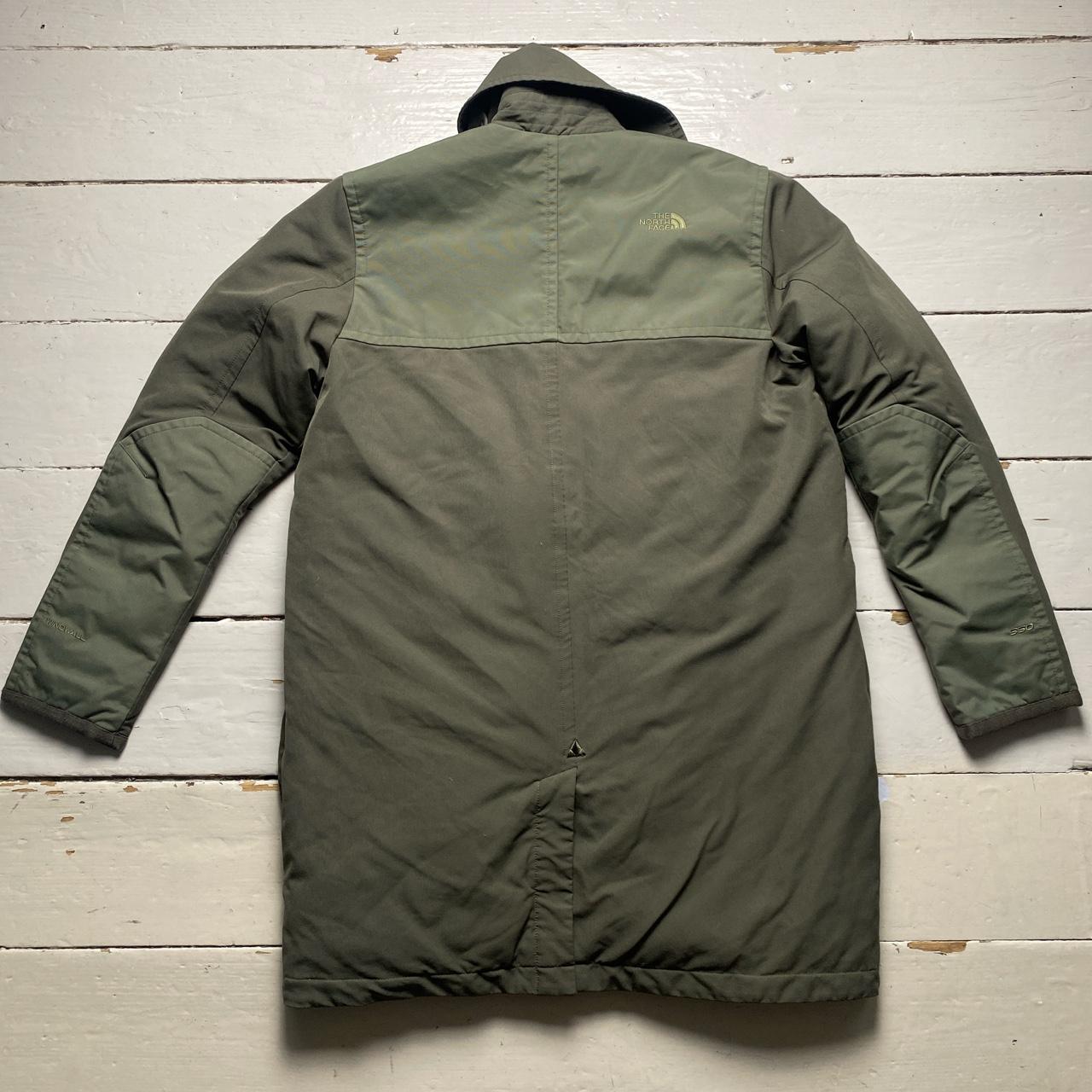 The North Face Windwall Khaki Green Camo Puffer Trench Coat