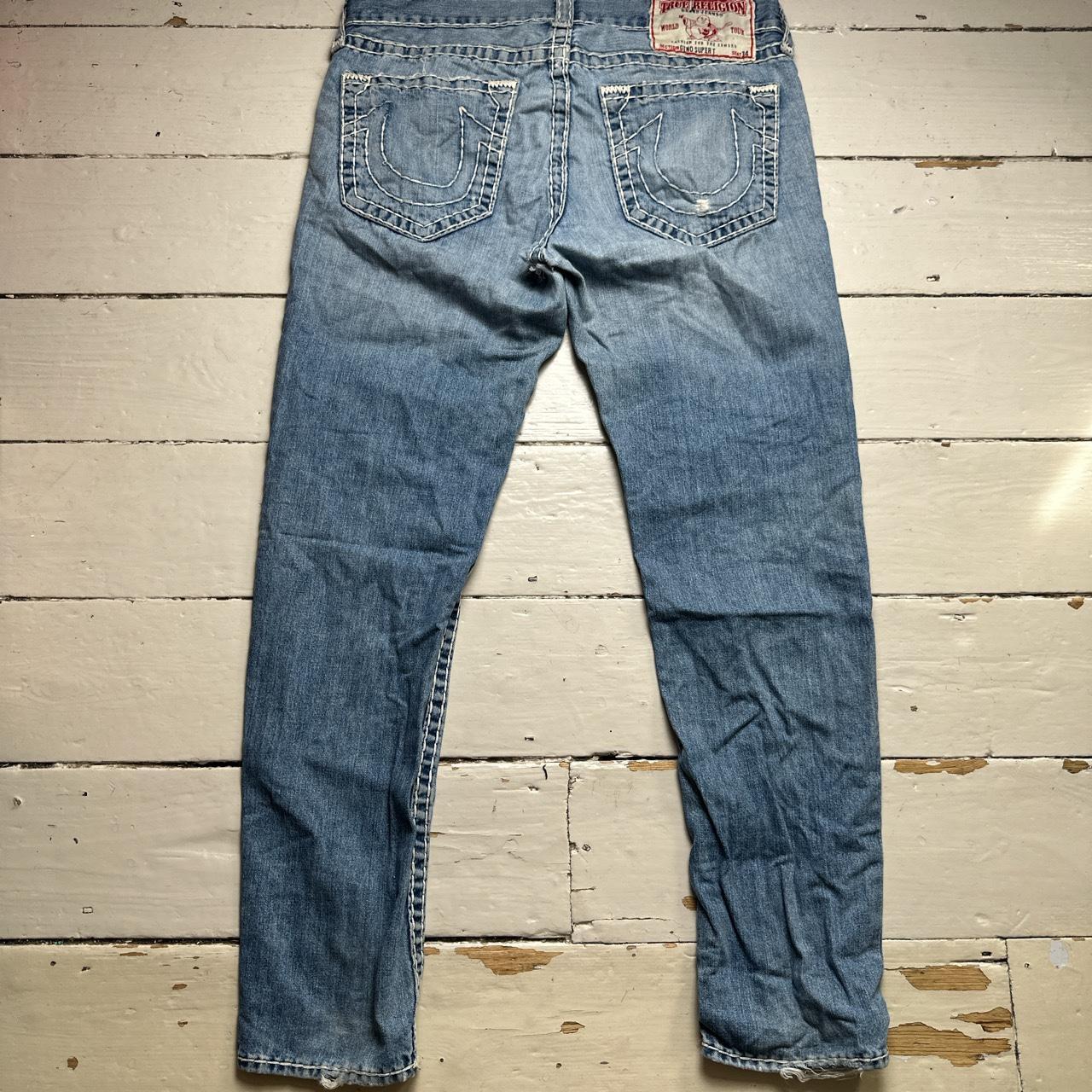 True Religion Geno Super T Distressed Jeans Light Blue and Big White Stitch