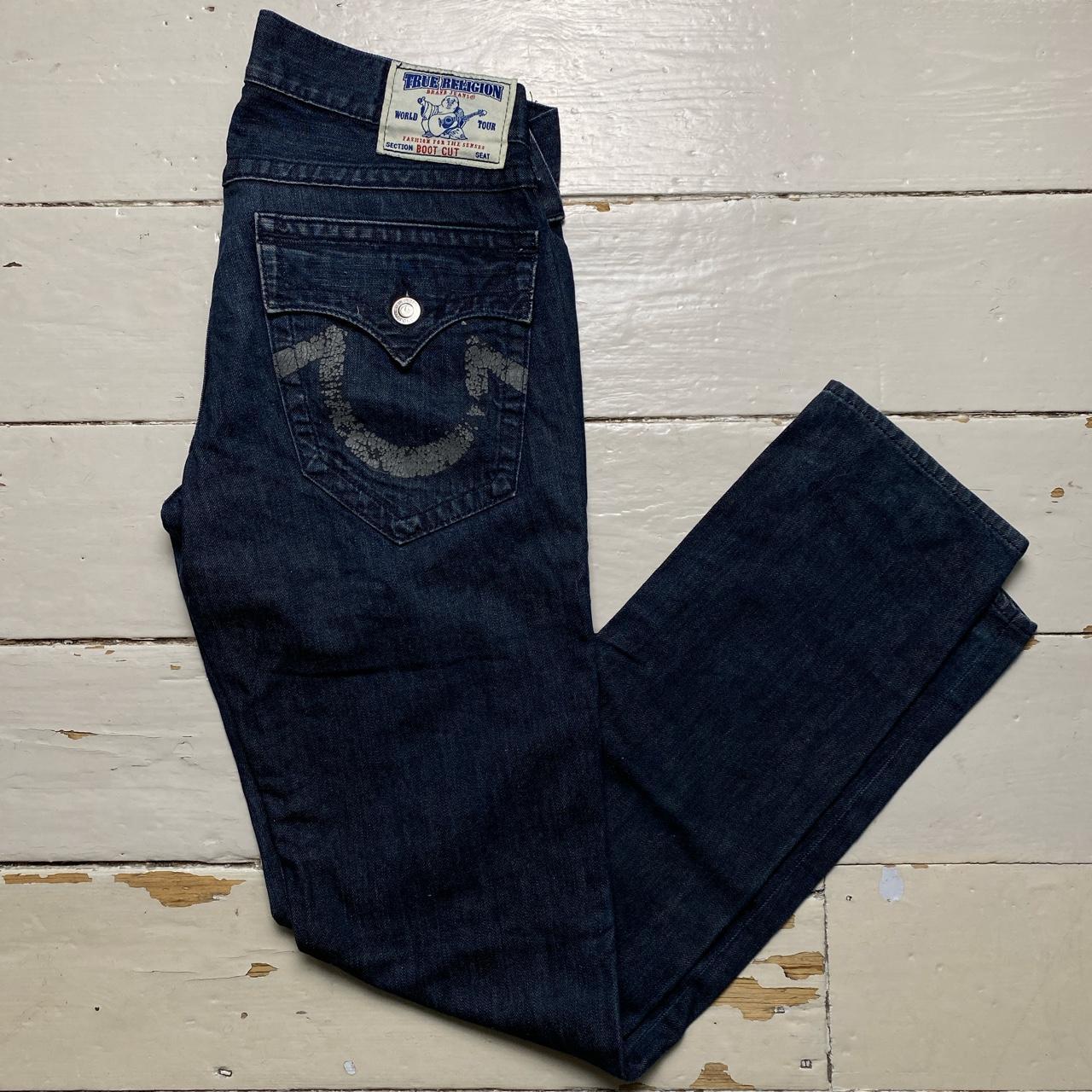 True Religion Boot Cut Navy and Black Painted Logo Jeans