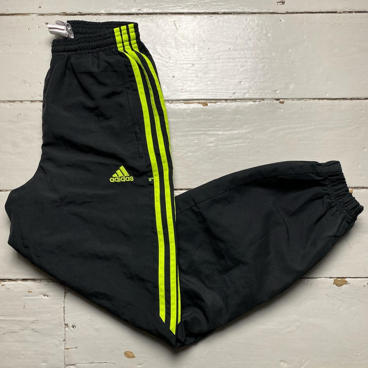 Adidas Black and Neon Green 3 Stripe Shell Trackpant Bottoms Wear Garson