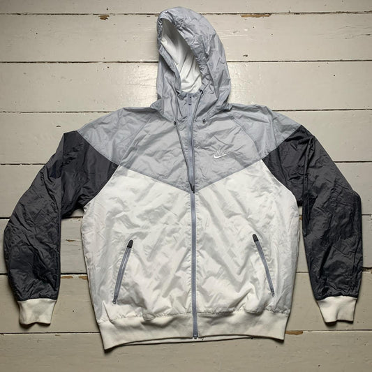 Nike Swoosh Shell Windbreaker Hooded Jacket Silver Grey and White