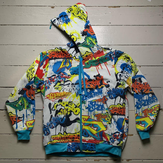 Raw Blue Vintage Graffiti All Over Full Zip Hoodie