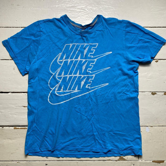 Nike Blue and White Multi Swoosh Vintage T Shirt