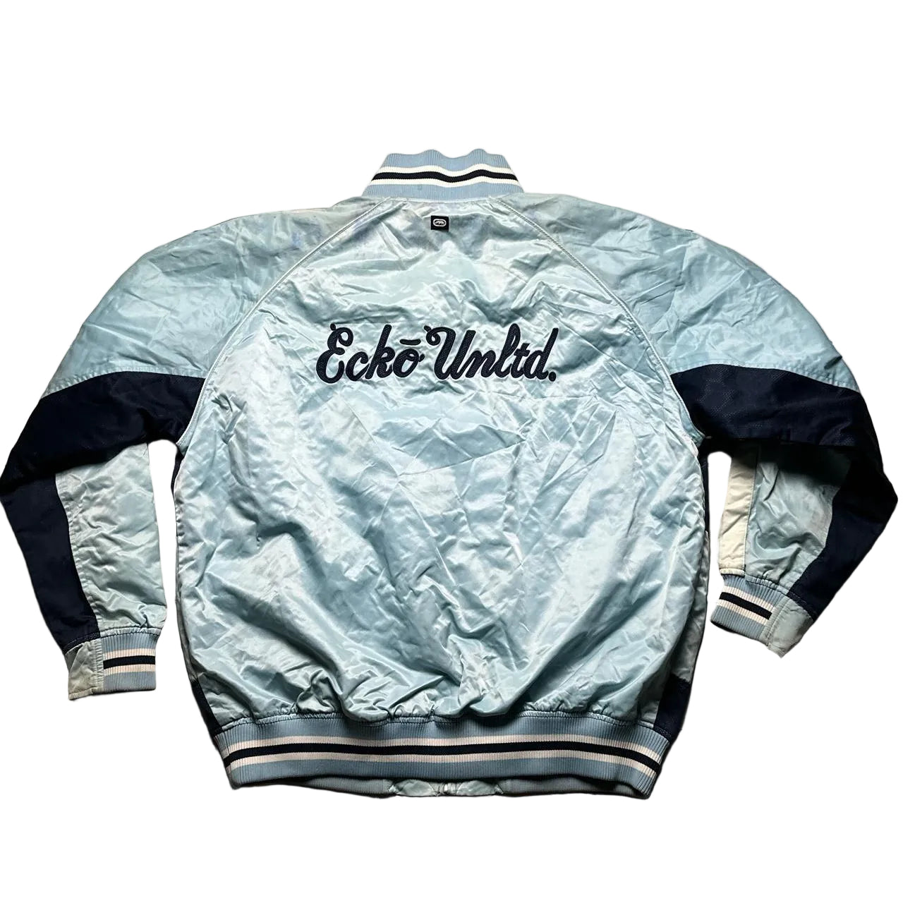 Ecko UNLTD Vintage Navy and Baby Light Blue Varsity Bomber Jacket (XL)