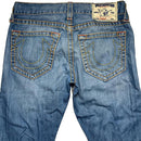 True Religion Straight Baggy Big Yellow and Orange Stitch Blue Jeans (31W)