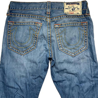 True Religion Straight Baggy Big Yellow and Orange Stitch Blue Jeans (31W)