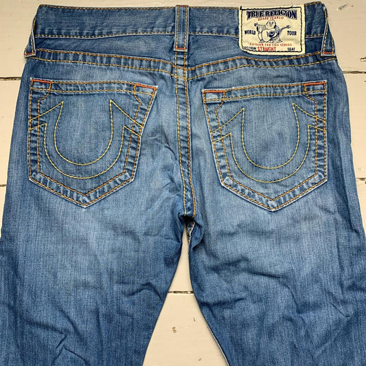 True Religion Straight Baggy Big Yellow and Orange Stitch Blue Jeans