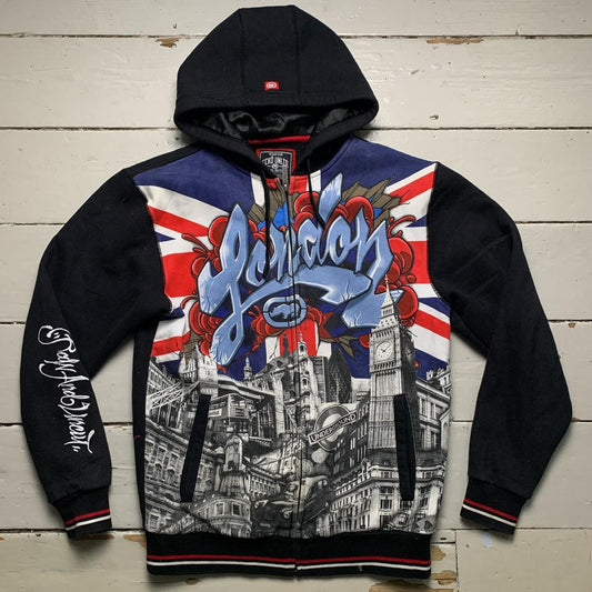 Ecko London Vintage Unlimited Black Blue and Red Graffiti Hoodie