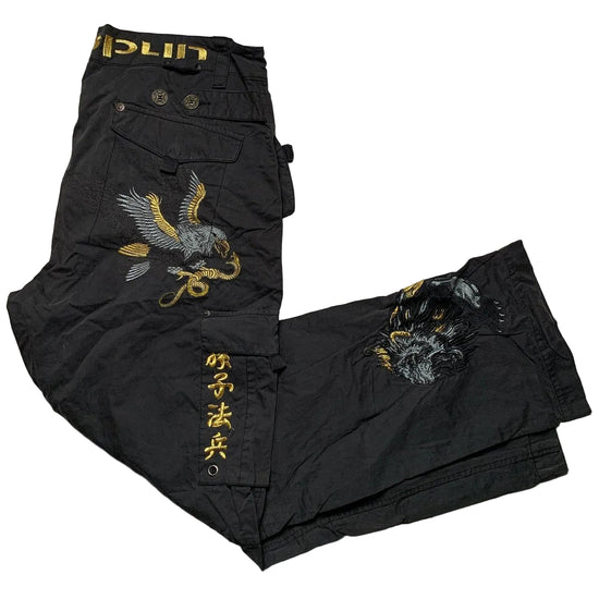 Ringspun Vintage Eagle Snake Japanese Embroidery Cargo Parachute Baggy Trousers (W36)