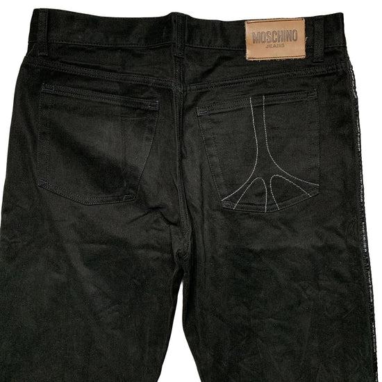 Moschino Jeans Vintage Black and Grey Stitch Jeans with Tape Repeat Logo (34W)