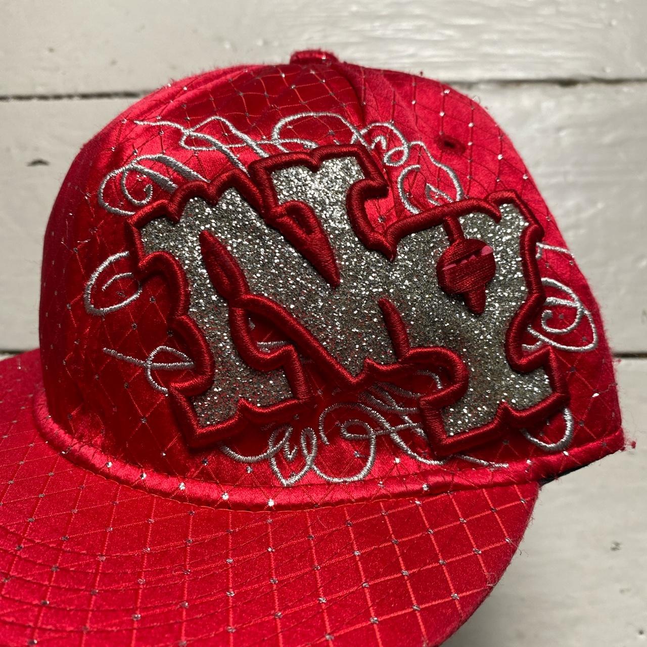 NY New York Fitted Red and Diamante Silver Cap