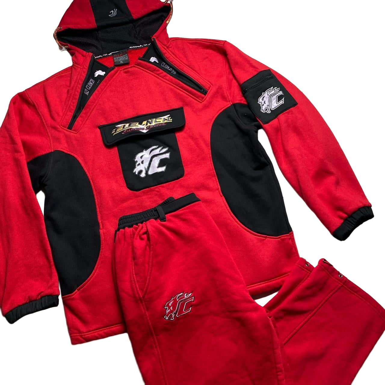 Cleanch Super Sports Vintage 90’s Baggy Red and Black Hip Hop Tracksuit (XL/2XL)