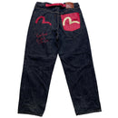 Evisu Vintage Lot 0118 Charcoal and Red White Daicock Swoosh Baggy Jeans (38W)