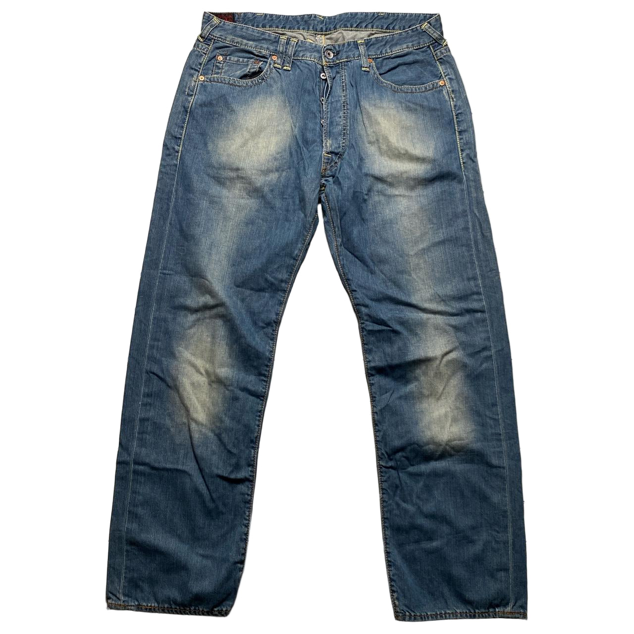Evisu EU ED Vintage Light Blue Stonewash White Daicock Swoosh Baggy Jeans (34W)