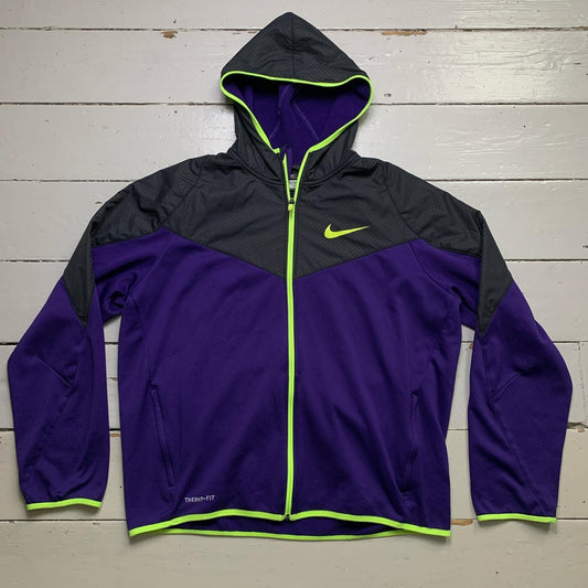 Nike Therma Fit Windbreaker Vapor Black Purple and Neon Yellow Hooded Jacket