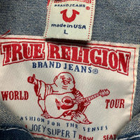 True Religion Joey Super T Big Contrast Stitch Navy and White Denim Jacket (L)