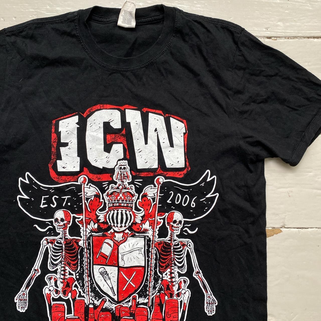 ICW Insane Championship Wrestling Goth Skeleton T Shirt Black and Red